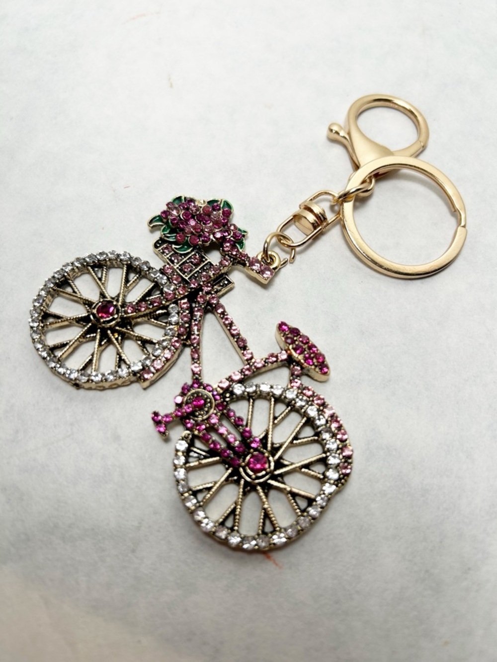 Rhinestone Bicycle Keychain Charm - Pink and Gold with Flower Basket NEW